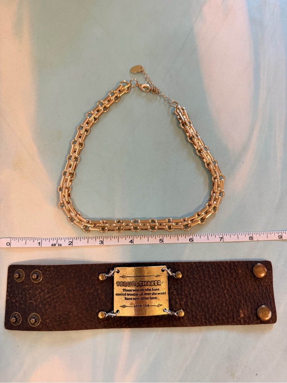 Inspirational Leather Bracelet w Gold Chain Link Necklace - Women Accessories 🤩